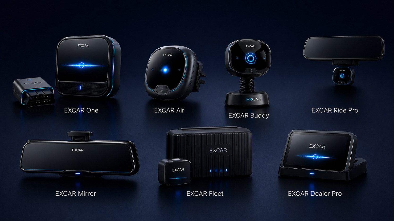 The seven EXCAR products together: One with Link, Air, Buddy, Ride Pro on the top row, and Mirror, Fleet and Dealer Pro below.